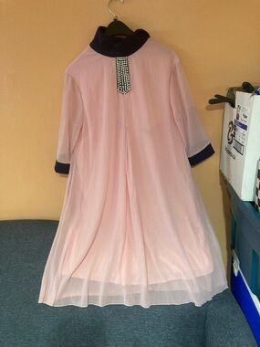 Pink Asymmetrical Sheer Dress with Navy Trim and Rhinestone Accent